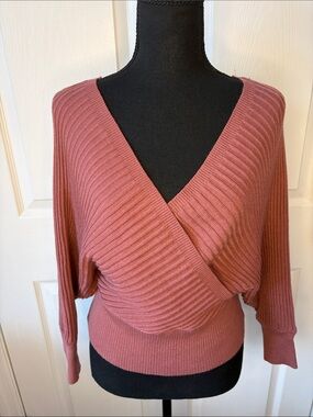 Immodel Ribbed V-Neck Wrap Sweater in Dusty Rose size Medium